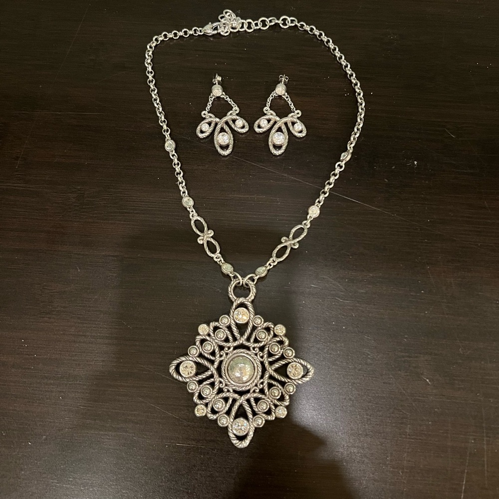 Brighton Silver plated & crystals Filigree Pendant Necklace & Earrings Set